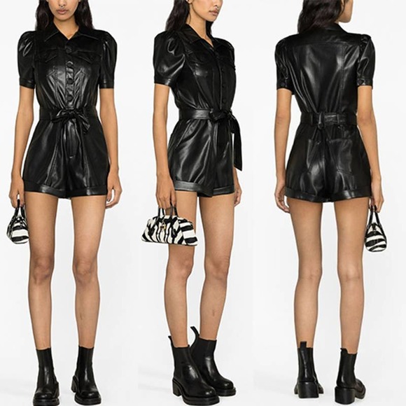 Alice + Olivia Pants - Alice + Olivia Belted Short-Sleeve Leather Playsuit Women's Black Size: 4 NWT